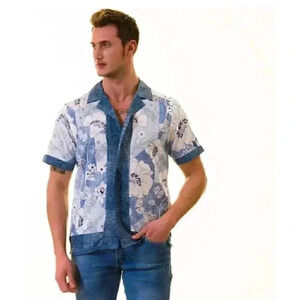 Gravity Men’s Shirt size XL‎ Weekend Blue Floral button up Denim short sleeve